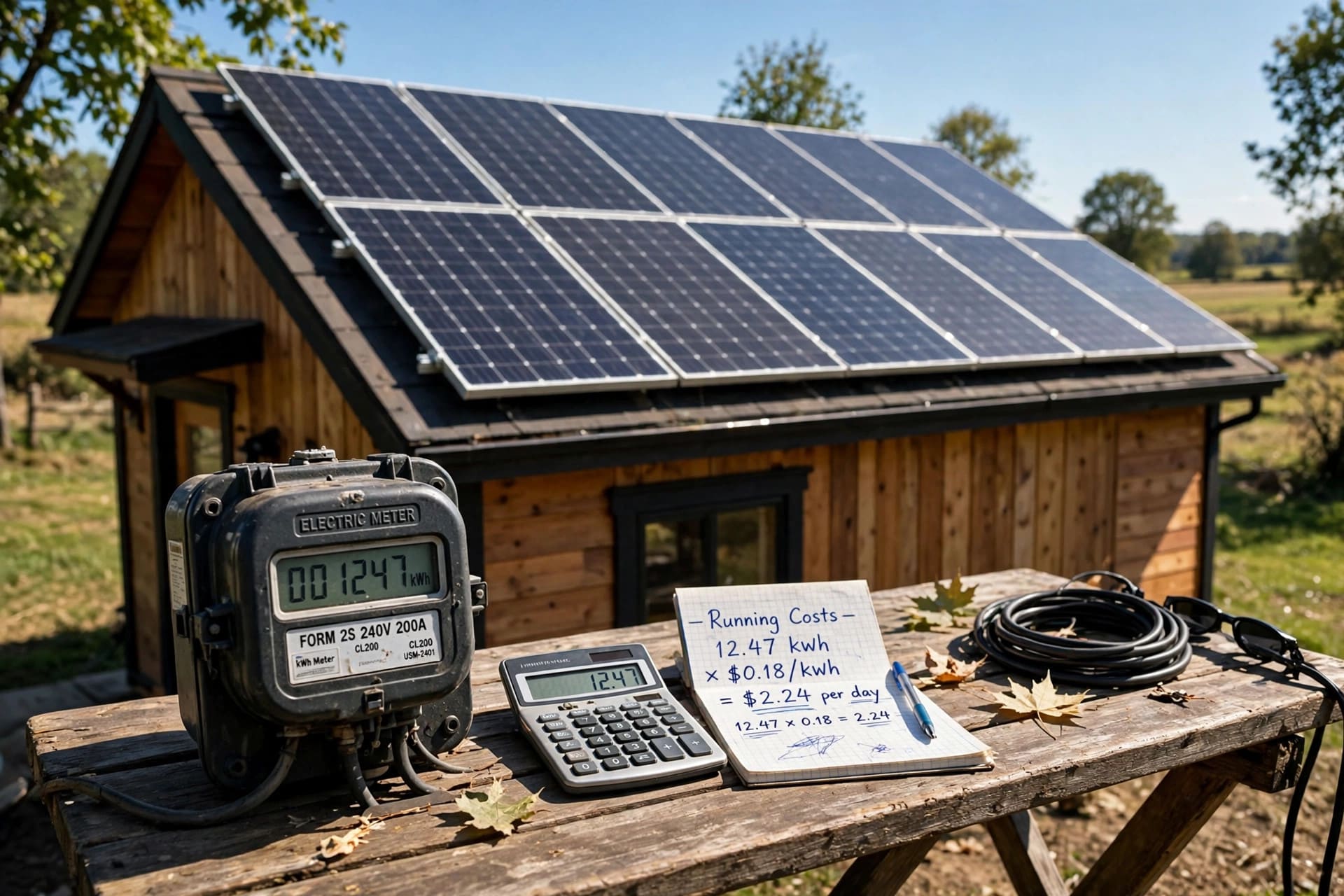 tiny house cooling analyzer: solar panels and an electricity meter beside a calculator on a table