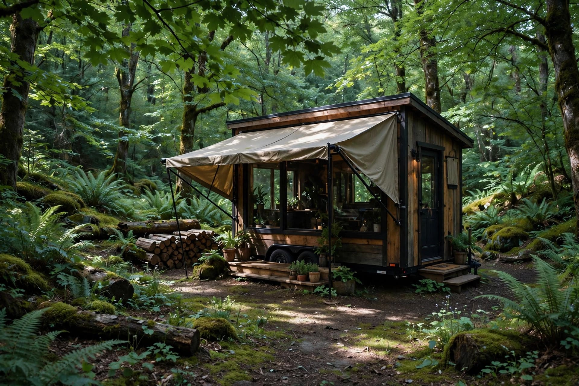 tiny house cooling analyzer: tiny house shaded by trees with an awning over its windows