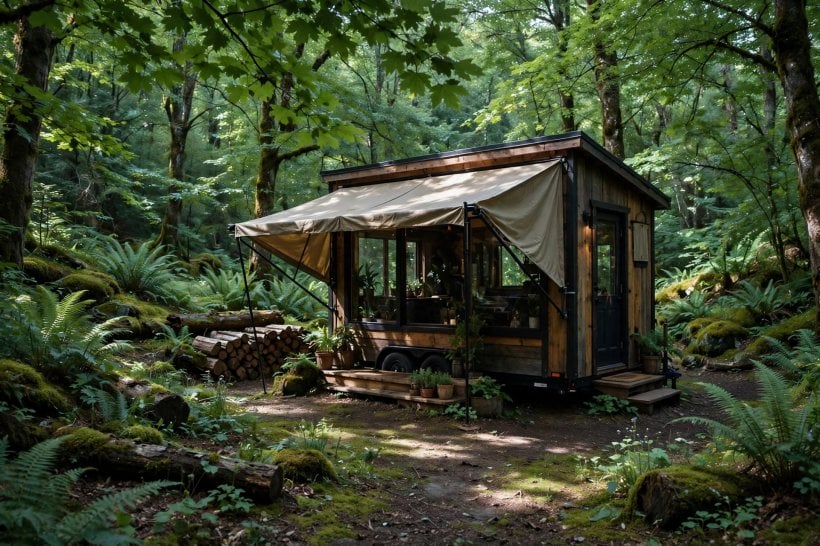 tiny house cooling analyzer: tiny house shaded by trees with an awning over its windows
