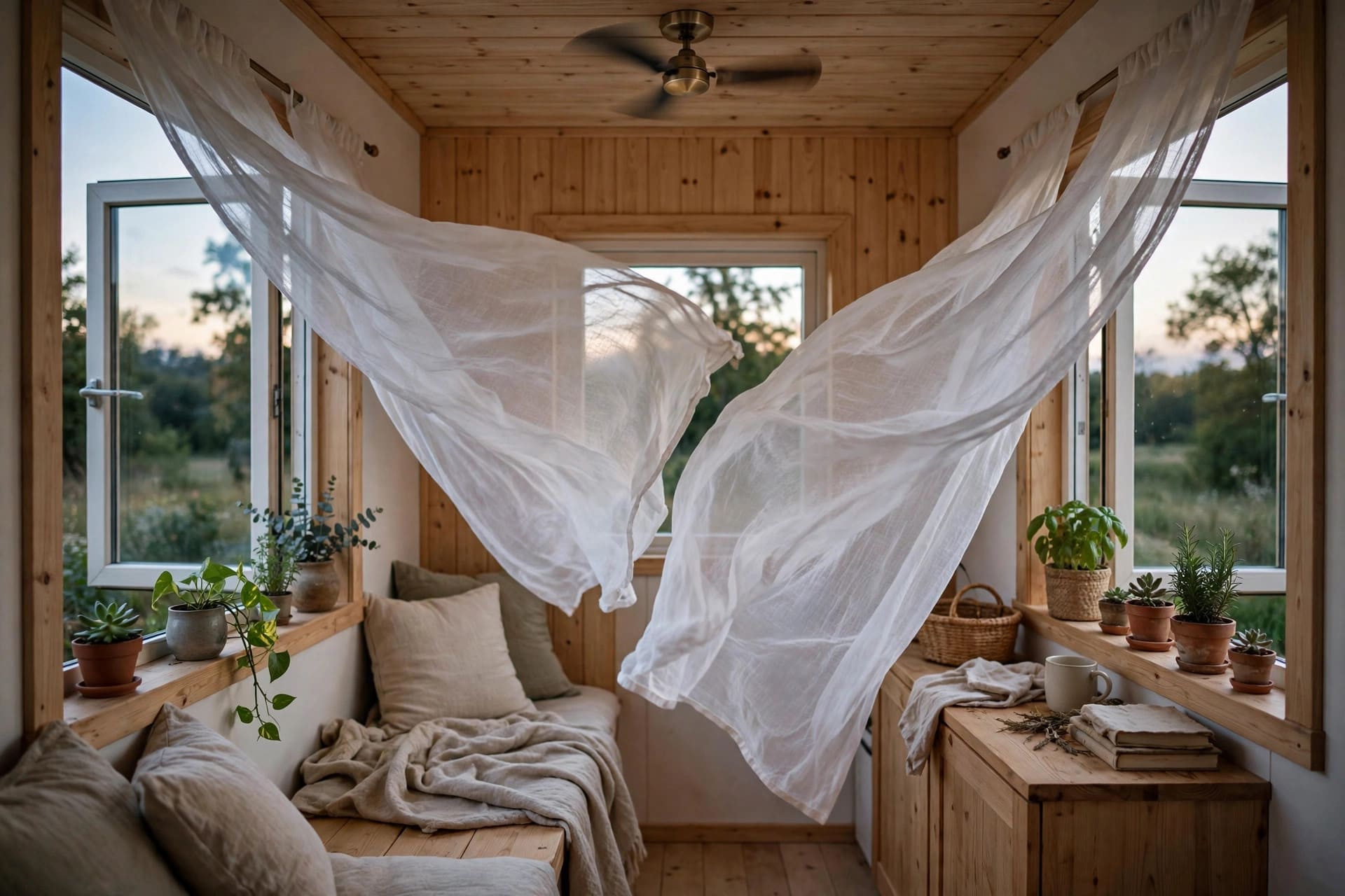 tiny house cooling analyzer: open windows on opposite walls with curtains billowing in a cross breeze