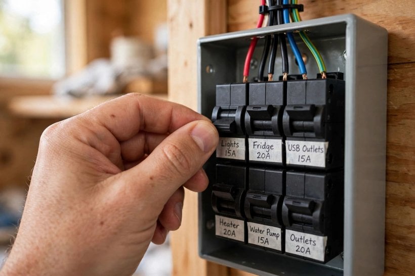 tiny house electrical load planner: hand switching a breaker in a compact tiny house panel