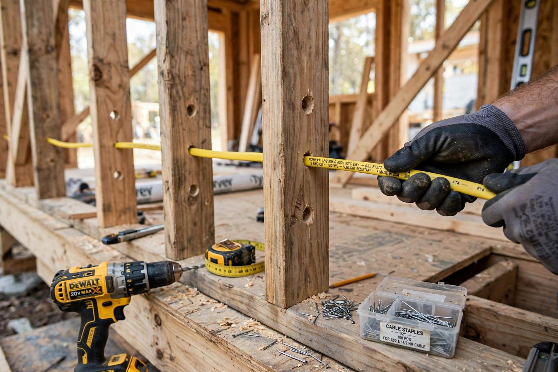 tiny house electrical load planner: yellow 12/2 Romex cable pulled through wooden wall studs