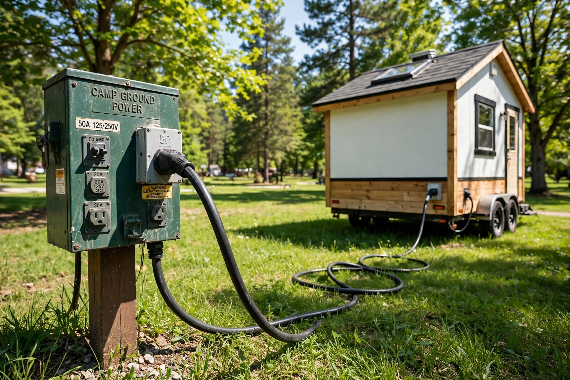 tiny house electrical load planner: 50 amp shore power cord plugged into a campground pedestal