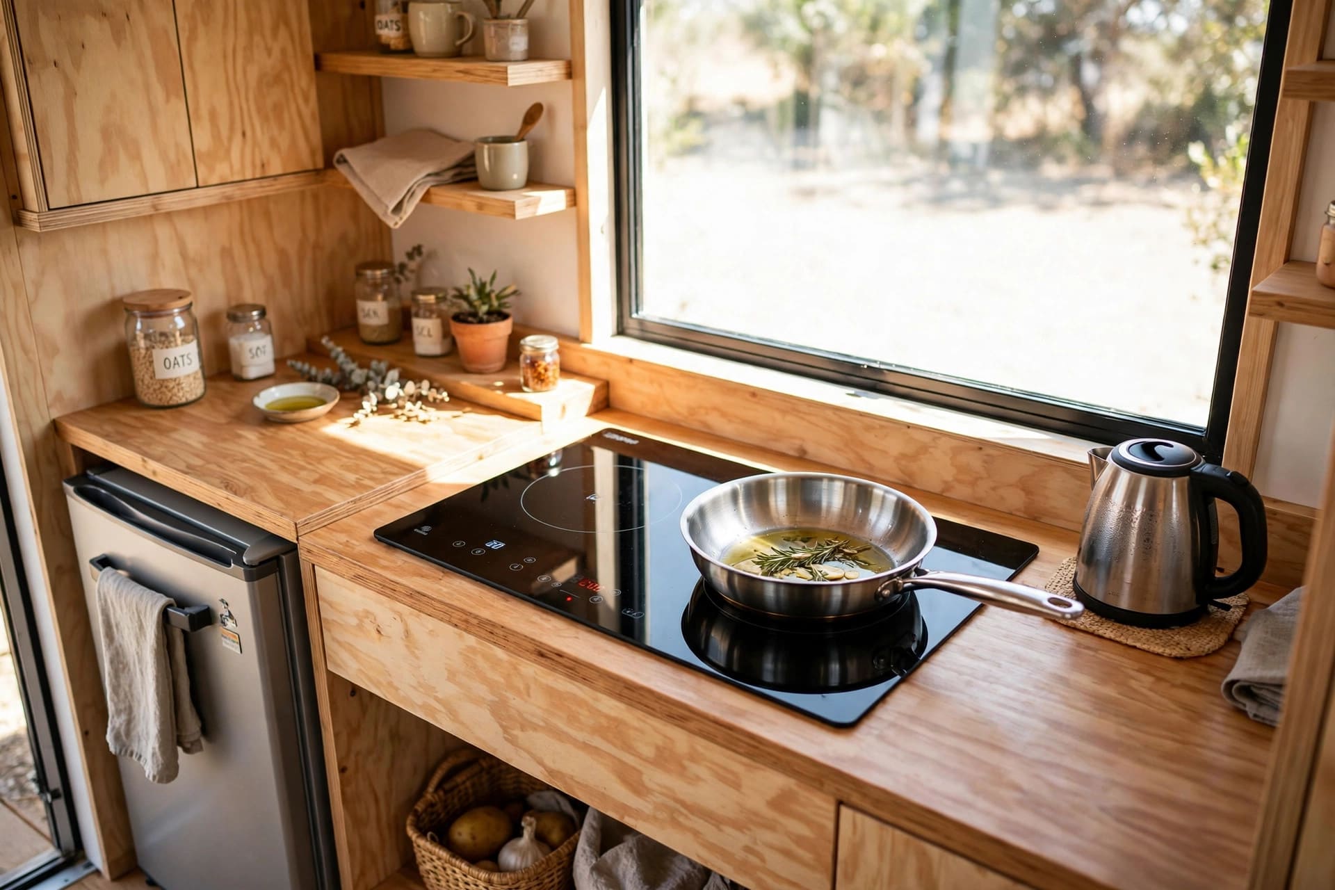 tiny house electrical load planner: two-burner induction cooktop in a compact tiny house kitchen