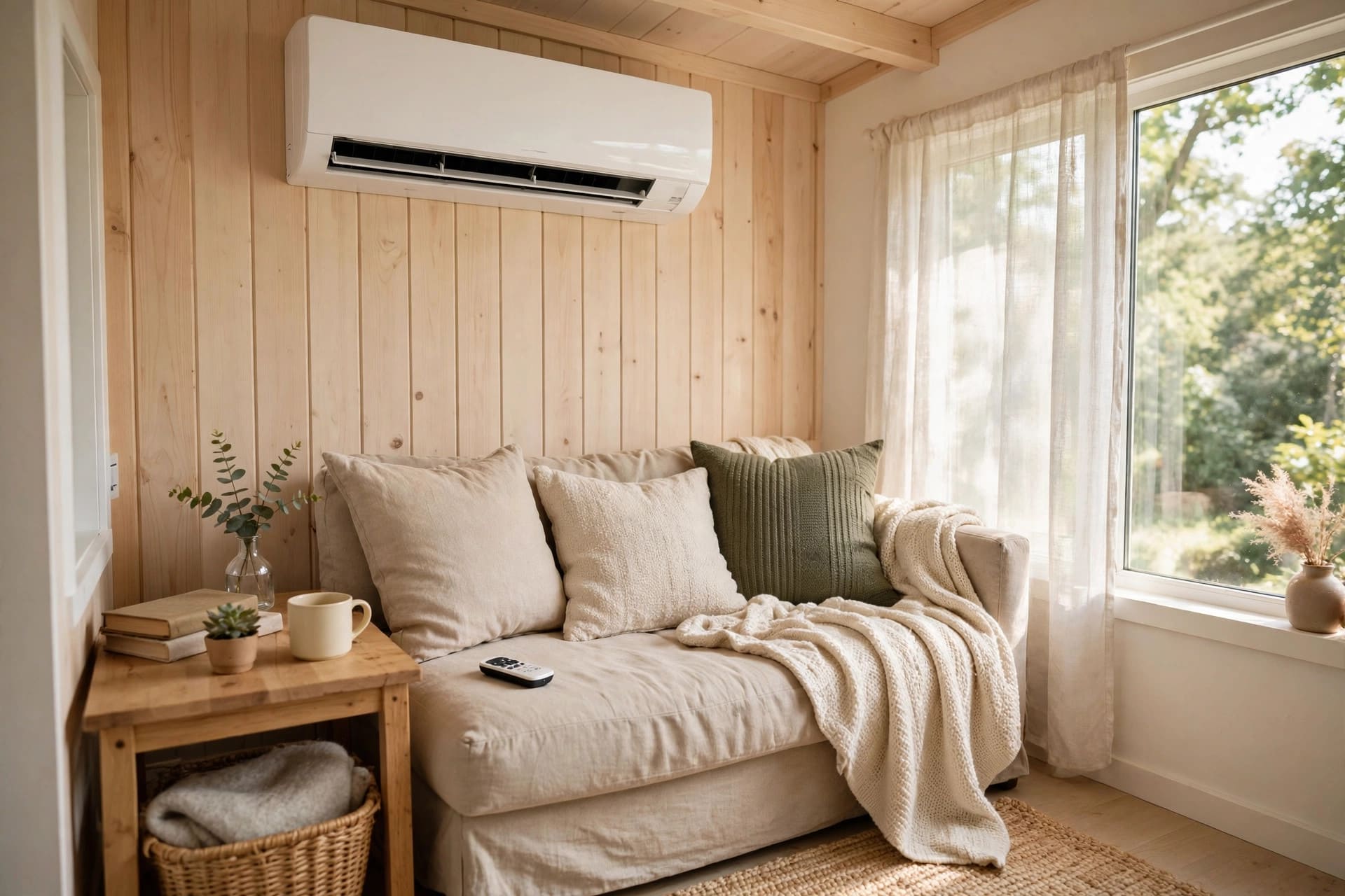 tiny house electrical load planner: mini-split indoor unit mounted high on a tiny house wall