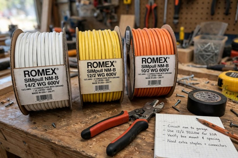 tiny house electrical load planner: white, yellow and orange Romex cable spools on a workbench