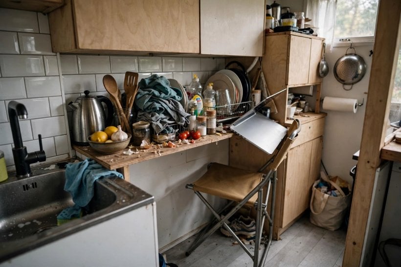 Tiny House Floor Plans with Home Office Spaces: a laptop crammed onto a shallow kitchen shelf