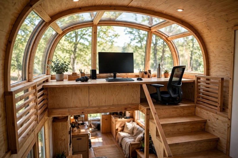 Tiny House Floor Plans with Home Office Spaces: a full desk on the gooseneck over-cab platform