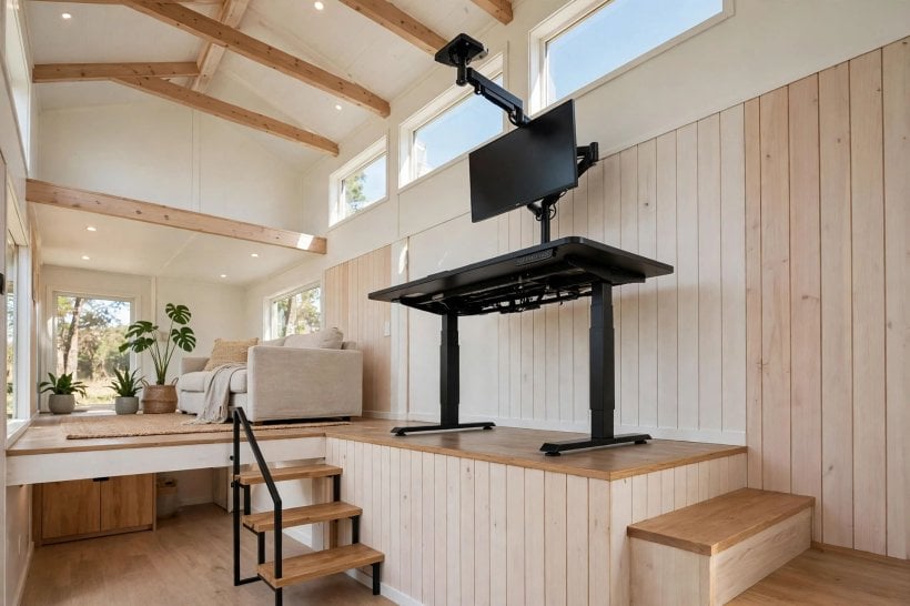Tiny House Floor Plans with Home Office Spaces: an electric standing desk in a single-story layout