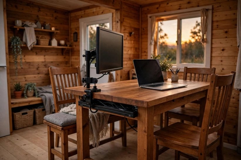 Tiny House Floor Plans with Home Office Spaces: a dining table converted into a workstation