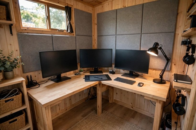 Tiny House Floor Plans with Home Office Spaces: a corner L-desk lined with acoustic panels