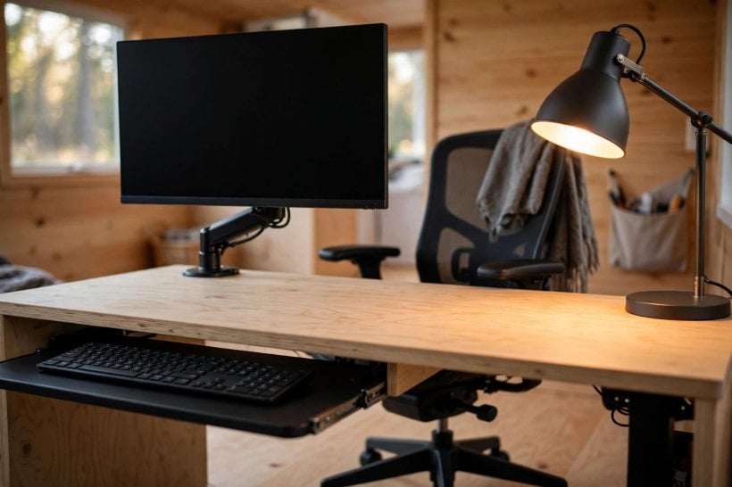 Tiny House Floor Plans with Home Office Spaces: an ergonomic desk setup with proper chair clearance