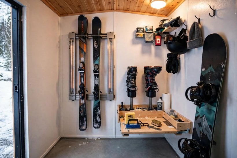 tiny house floor plans with mudrooms: heated ski rack, boot dryers and a fold-down waxing bench in a 6x8 winter sports bay