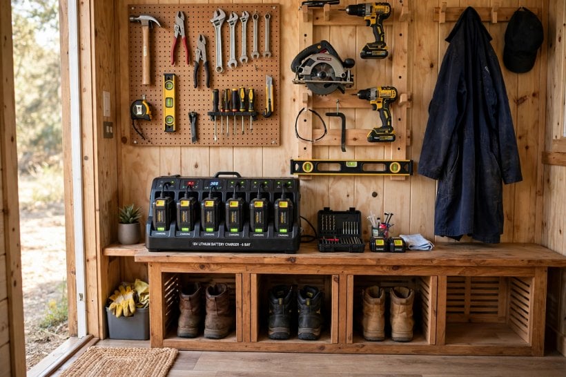 tiny house floor plans with mudrooms: pegboard tool wall, six-bay charging station and ventilated boot cubbies in a contractor's entry
