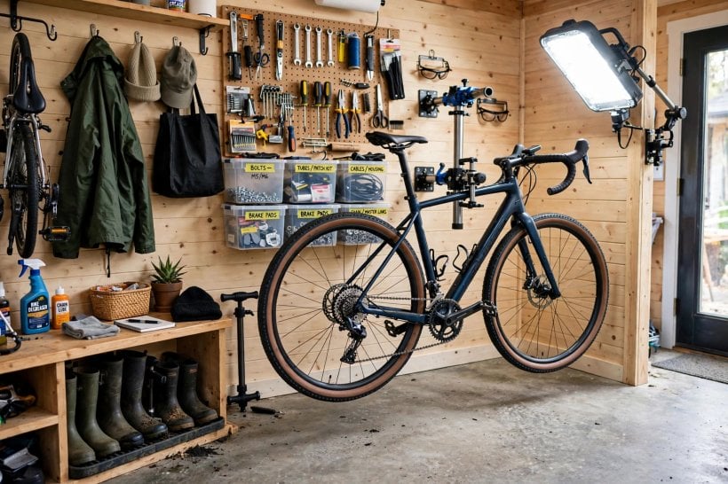 tiny house floor plans with mudrooms: wall-mounted repair stand, parts bins and vertical bike hooks in a 6x12 repair bay