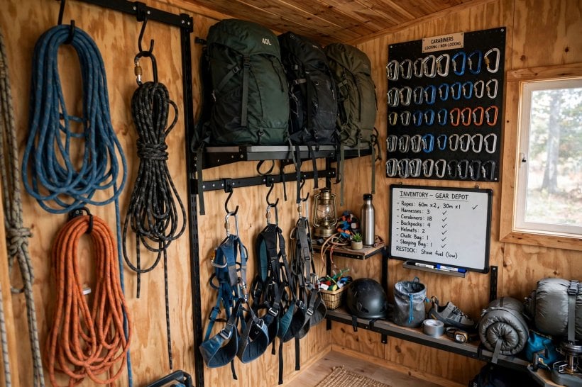 tiny house floor plans with mudrooms: climbing ropes in loose coils, harnesses and packs on modular shelving in a seasonal gear depot