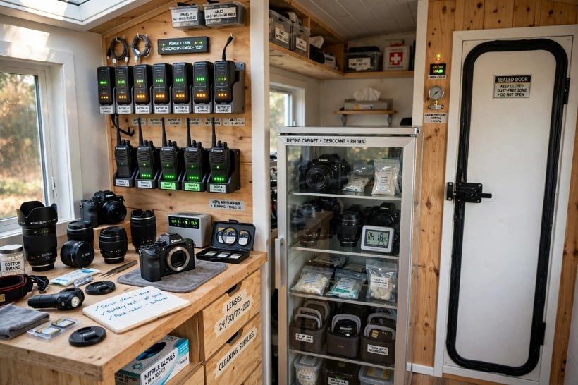 tiny house floor plans with mudrooms: drying cabinet, charging wall and clean workbench in a 4x8 photography gear lab