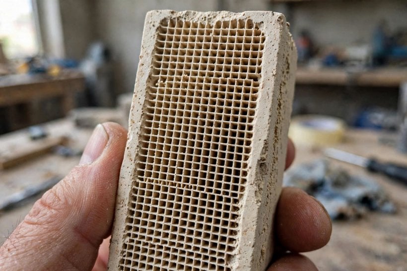 tiny house HRV efficiency calculator: honeycomb ceramic heat exchanger core held in hand