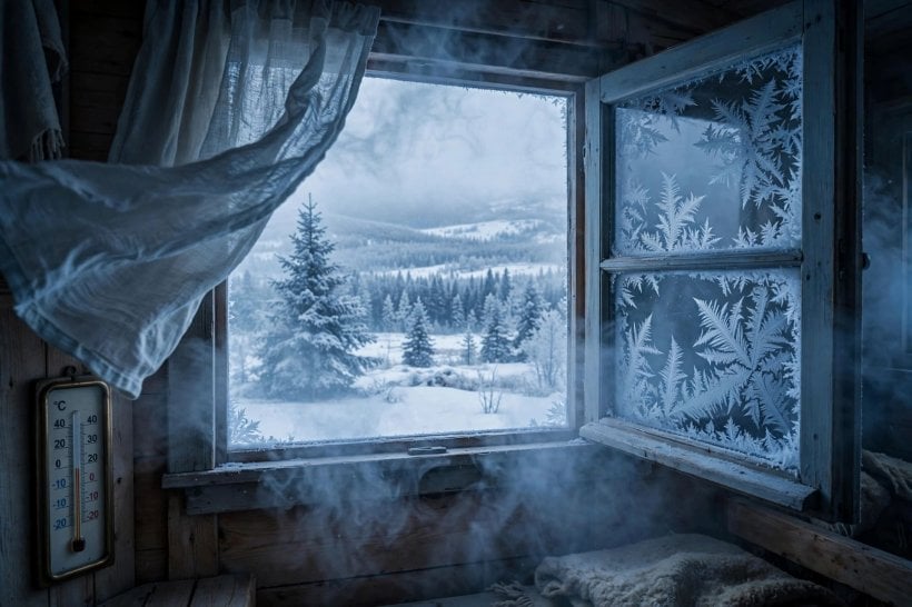 tiny house HRV efficiency calculator: open window with frost losing heat in winter