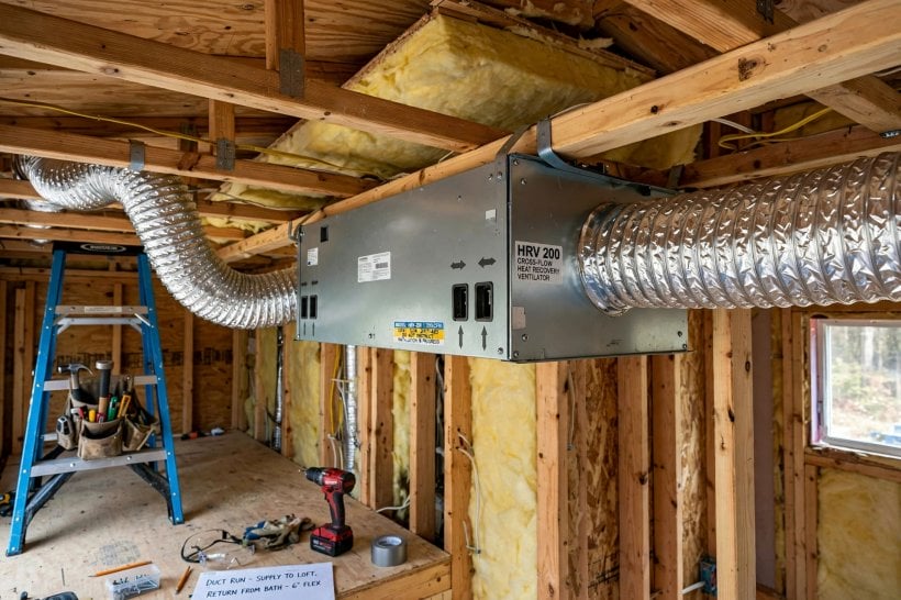tiny house HRV efficiency calculator: ducted cross-flow HRV unit with ceiling ductwork