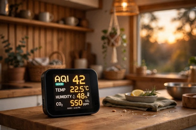 tiny house HRV efficiency calculator: indoor air quality monitor on a kitchen counter