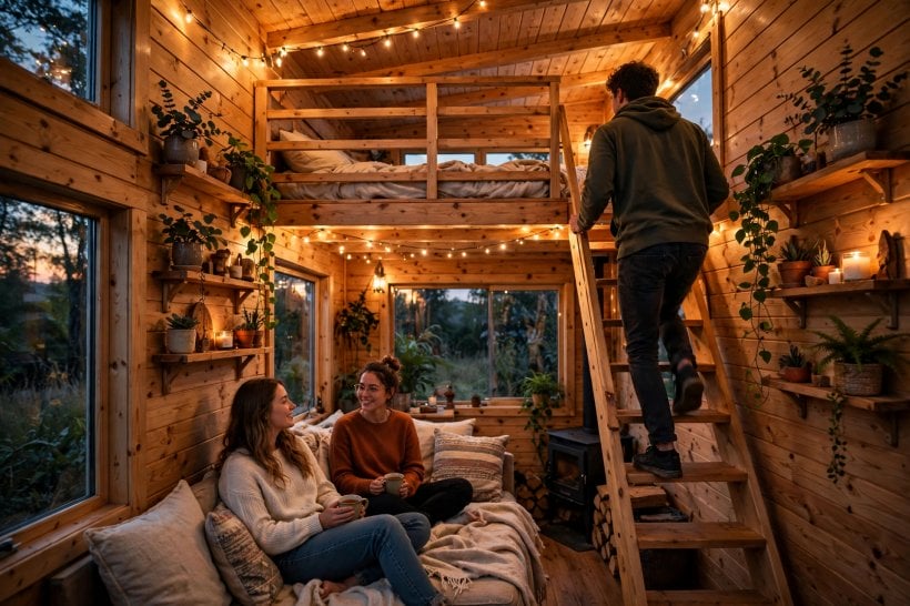 tiny house insurance: guests on the loft steps of a tiny house, where liability cover earns its keep