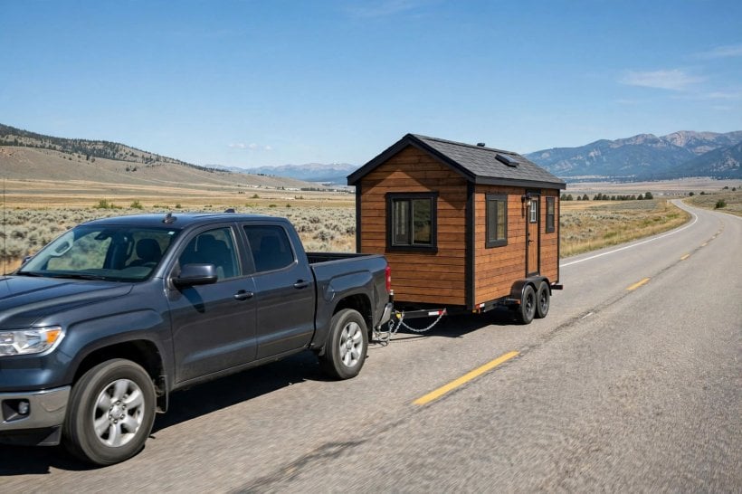 tiny house insurance: a tiny house on wheels under tow, the highest-risk hour of its life