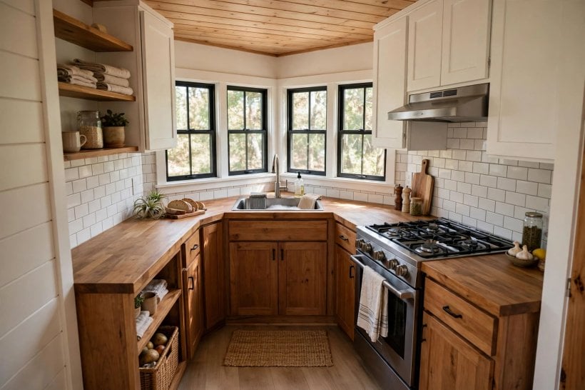 Tiny House Kitchen Floor Plans: an L-shaped corner kitchen with continuous counter wrapping the corner