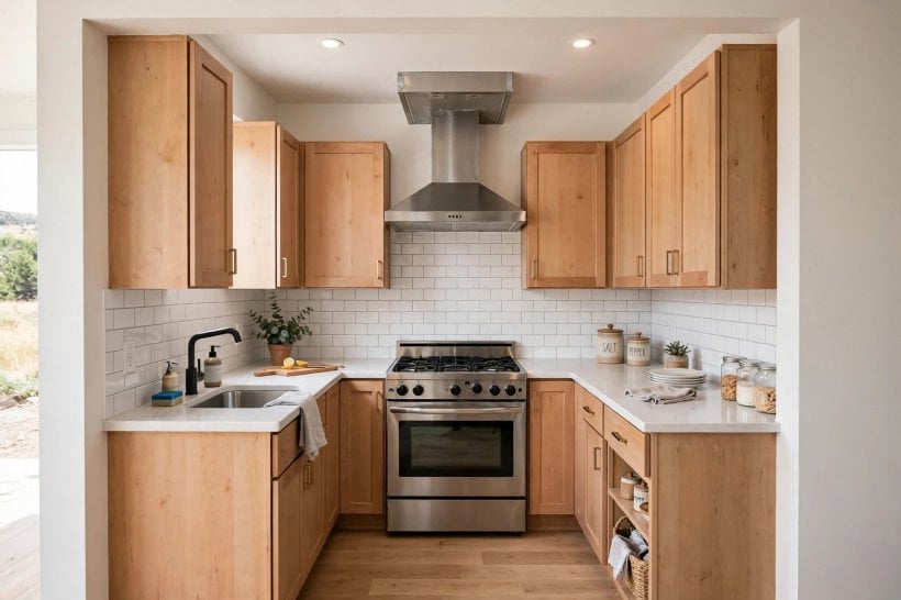 Tiny House Kitchen Floor Plans: a U-shaped alcove kitchen with the range on the closed end wall