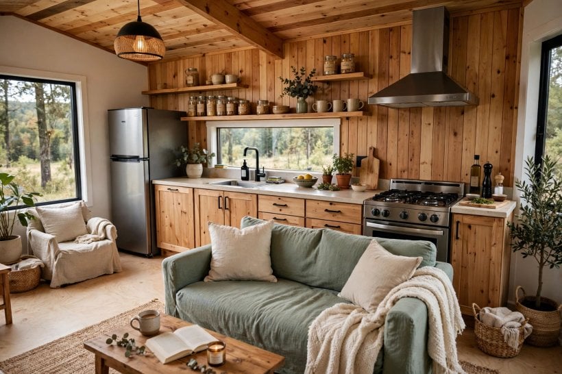 Tiny House Kitchen Floor Plans: a single-wall chef's line with living space open opposite