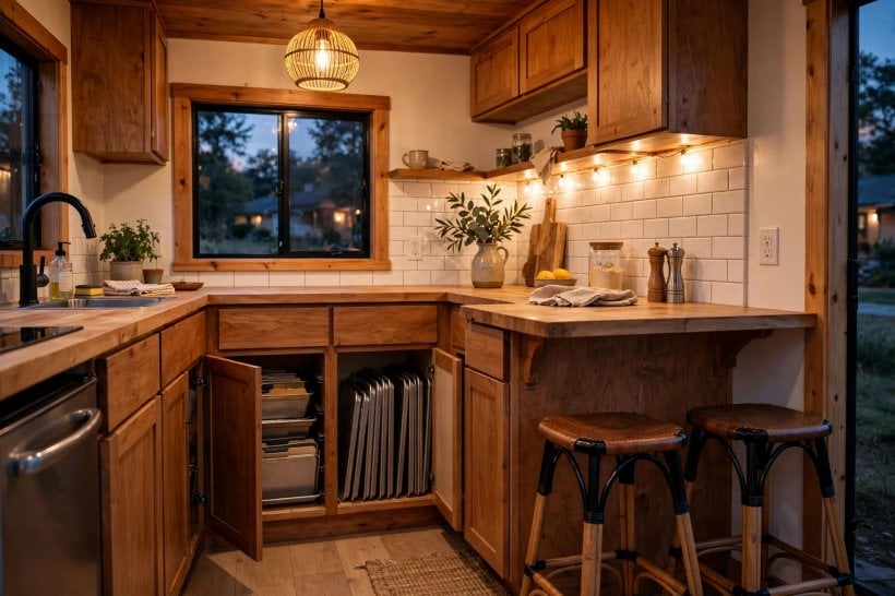 Tiny House Kitchen Floor Plans: a peninsula counter with seating for two dividing kitchen from living space