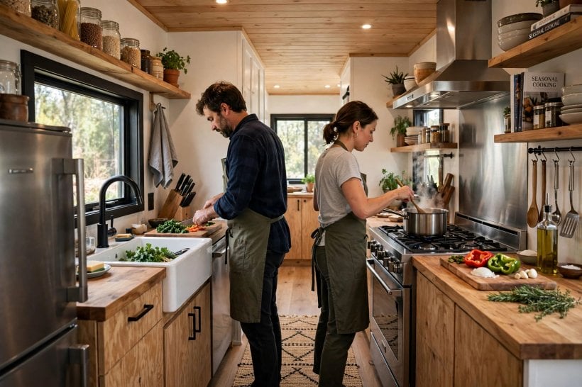 Tiny House Kitchen Floor Plans: a split galley with the wet zone and hot zone on opposite walls
