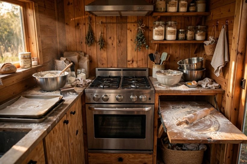 Tiny House Kitchen Floor Plans: a baker's kitchen with a full-size oven and landing counters on both sides