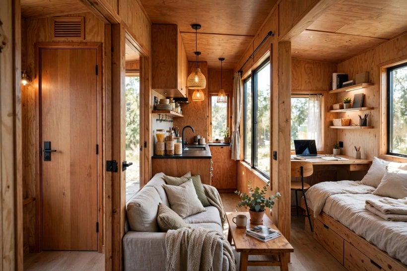 tiny house layouts for couples: sleeping zones at opposite ends of a long tiny house with shared living space in the middle