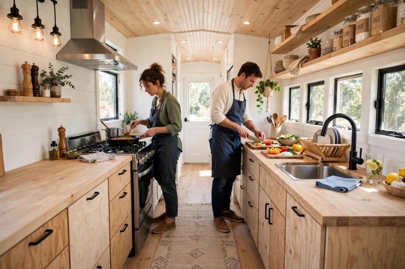 tiny house layouts for couples: a wide galley kitchen with parallel stations sized for two cooks