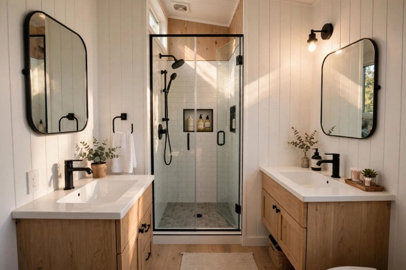 tiny house layouts for couples: one bathroom with two separate vanity zones and a shared shower