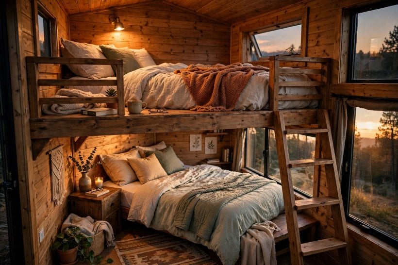 tiny house layouts for couples: a sleeping loft above and a main-level bedroom below for vertical sleep separation