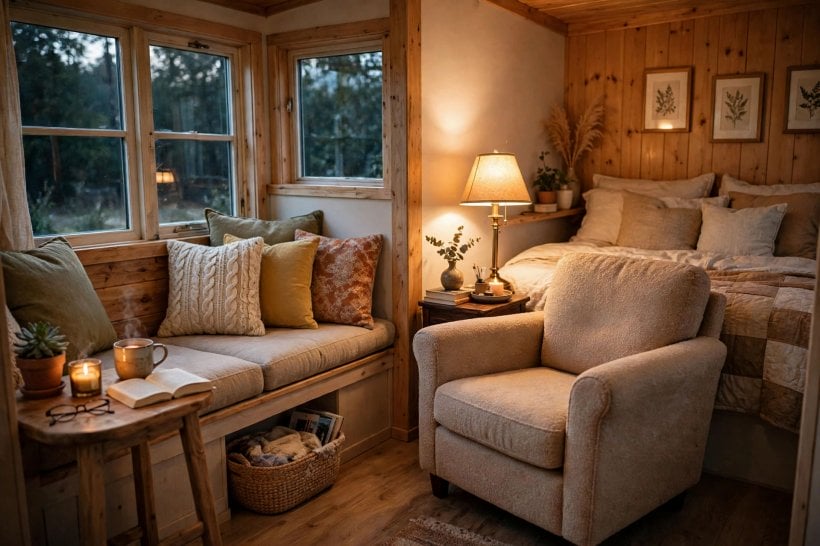 tiny house layouts for couples: two separate reading retreats, a window seat and a bedroom armchair