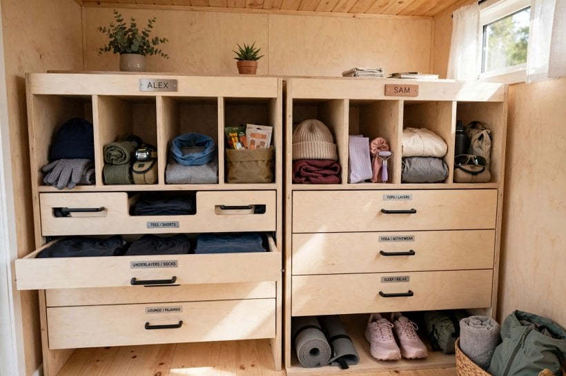 tiny house layouts for couples: divided wardrobe and cubby storage with a section for each partner