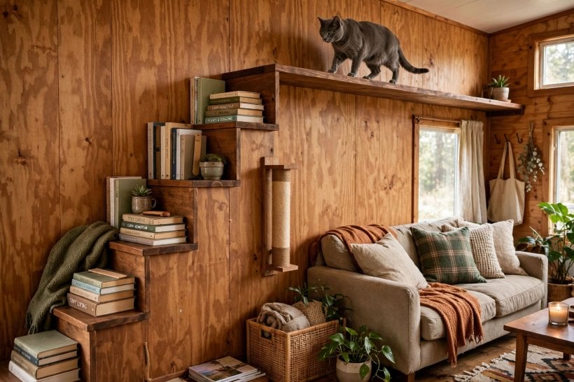 tiny house layouts for pet owners: cat walking a continuous perimeter shelf mounted high on the living room wall