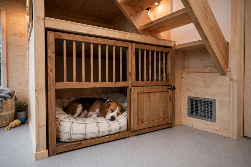tiny house layouts for pet owners: dog resting in a built-in crate nook under the loft stairs