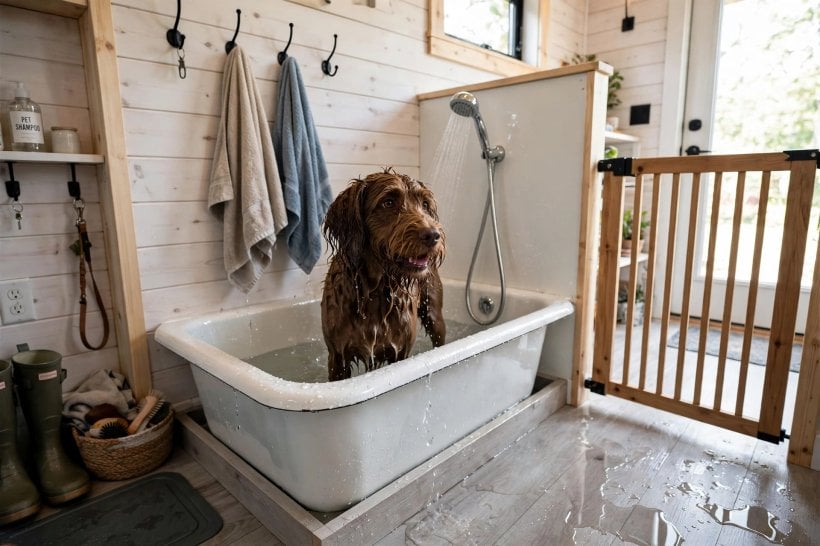 tiny house layouts for pet owners: dog being washed in a raised tub at the mudroom entry station