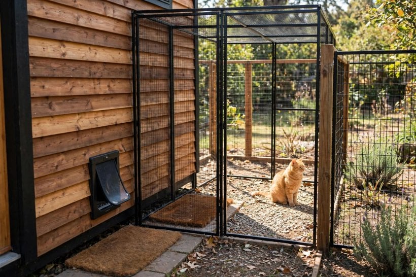 tiny house layouts for pet owners: pet door in a side wall opening onto a landing mat and fenced run