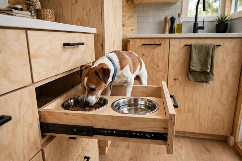 tiny house layouts for pet owners: pull-out feeding drawer with food and water bowls in the kitchen base cabinets