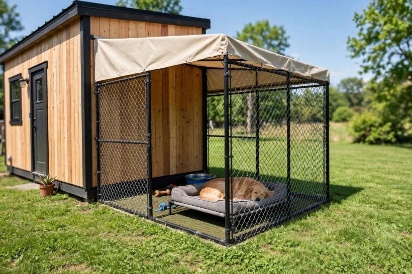tiny house layouts for pet owners: covered kennel run with shade attached to the side of the house