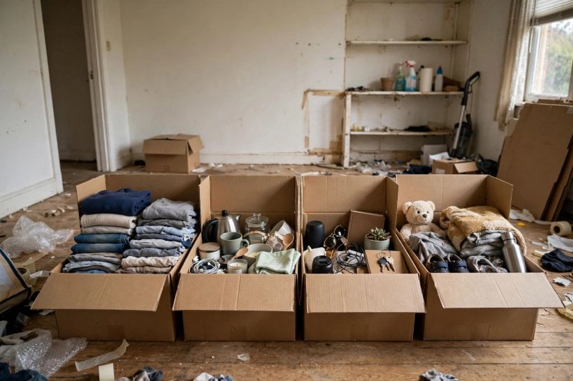 tiny house living: four boxes on the floor sorting keeps, rehoming, selling and releasing a room at a time
