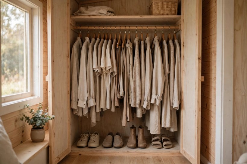 tiny house living: a capsule wardrobe of thirty coordinated pieces on one rail in a tiny closet