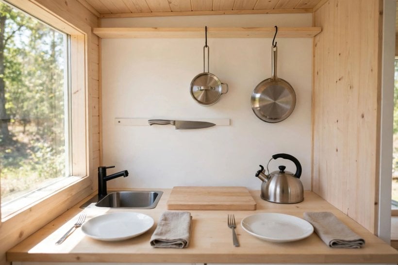 tiny house living: a galley kitchen pared down to one knife, one pot, one pan and a kettle