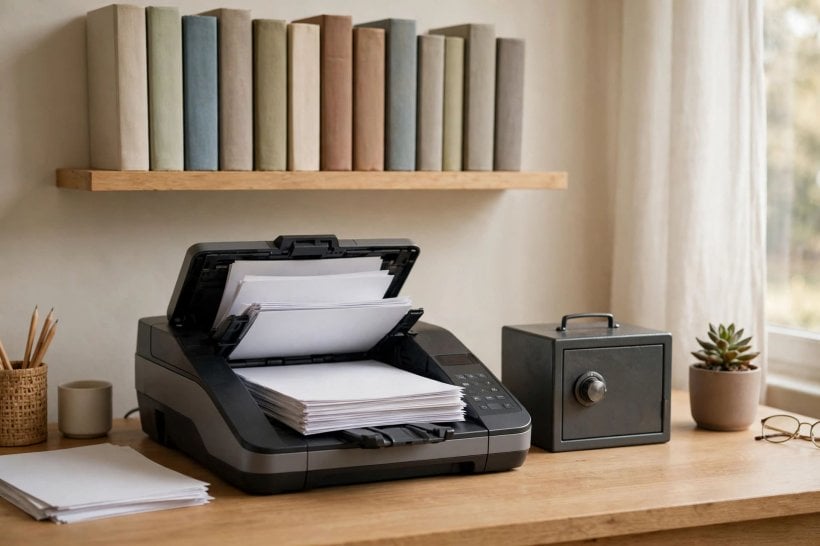 tiny house living: scanning a filing cabinet of papers beside a small fireproof box and a short shelf of kept books