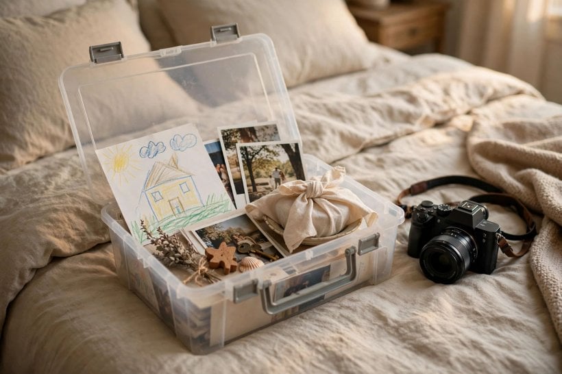 tiny house living: one tote of curated keepsakes — photographs, a child's drawing and a single heirloom dish